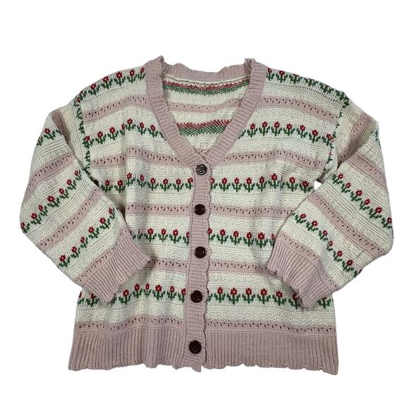 Kawaii Harajuko Style Cardigan Sweater Women's OS Cream Pink Scalloped Pointelle - Picture 2 of 9